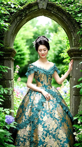 豪華なドレスの女性、庭園にて