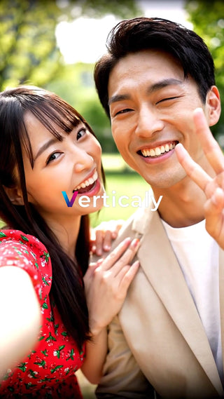 公園で自撮り、笑顔のカップル