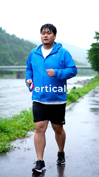 雨の中を走る男性