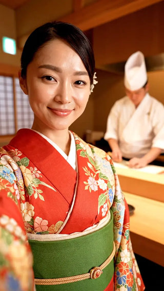 着物姿の女性、笑顔で寿司屋