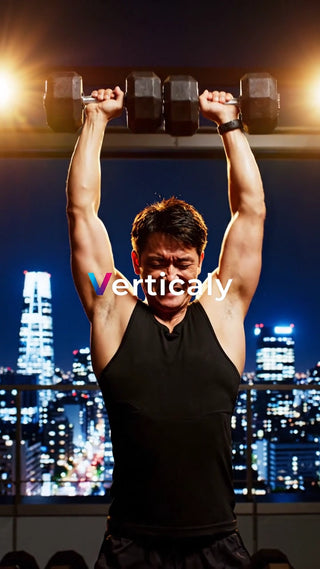 ダンベルを上げる男性、夜景を背景に