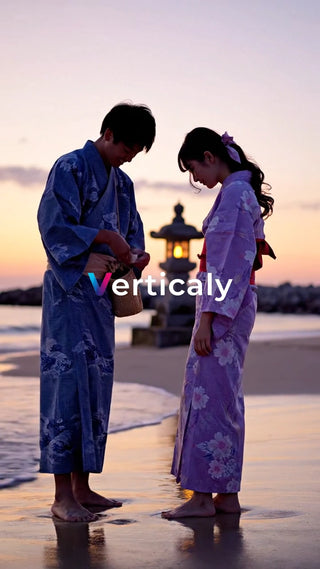 浴衣姿の二人、夕暮れの海辺