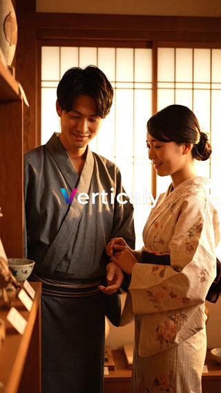 浴衣姿の二人、陶器店にて