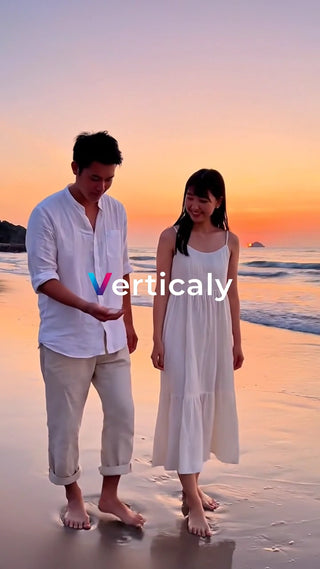 夕焼けの海辺を歩く二人