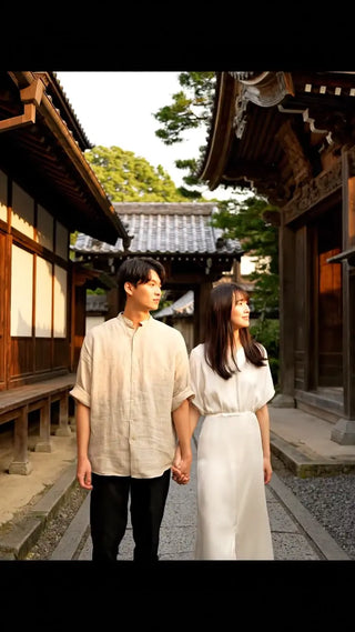 手をつなぐ二人、古都散策