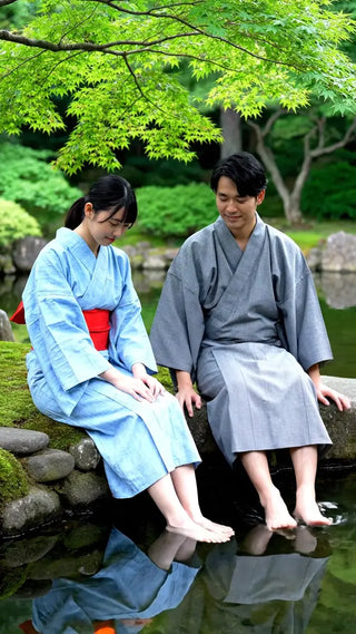 浴衣姿の二人、水遊び