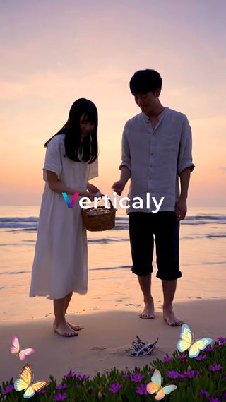 海辺で語らう二人、夕焼け空