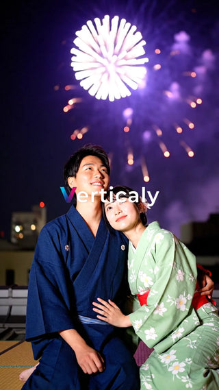 浴衣姿の二人、花火を眺める
