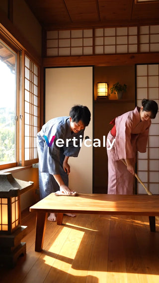 和室で寛ぐ二人、清掃風景