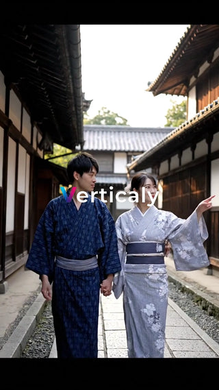 浴衣姿の二人、路地歩き