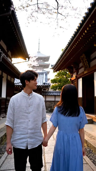 手をつなぐ二人、古都散策