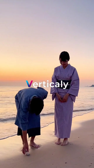 浜辺で貝殻を探す二人