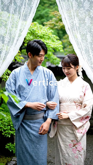 浴衣姿の二人、寄り添って