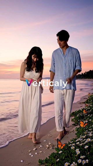 夕焼けビーチを歩く二人