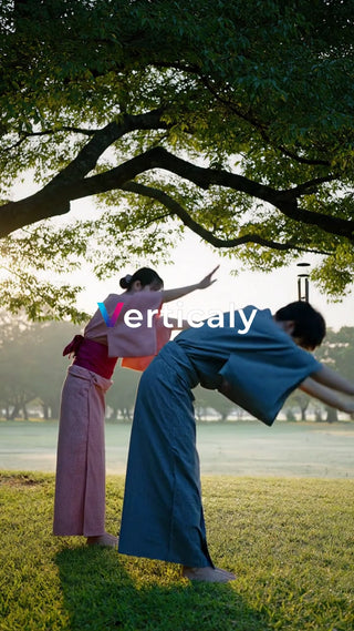 浴衣姿、公園でストレッチ