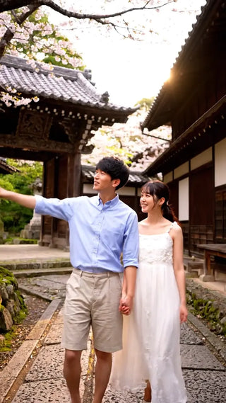 桜並木を歩く二人