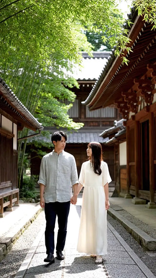 手をつなぎ散歩する二人