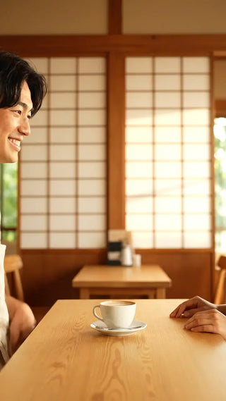 見つめ合う二人、カフェタイム