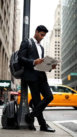 都会で新聞を読む男性
